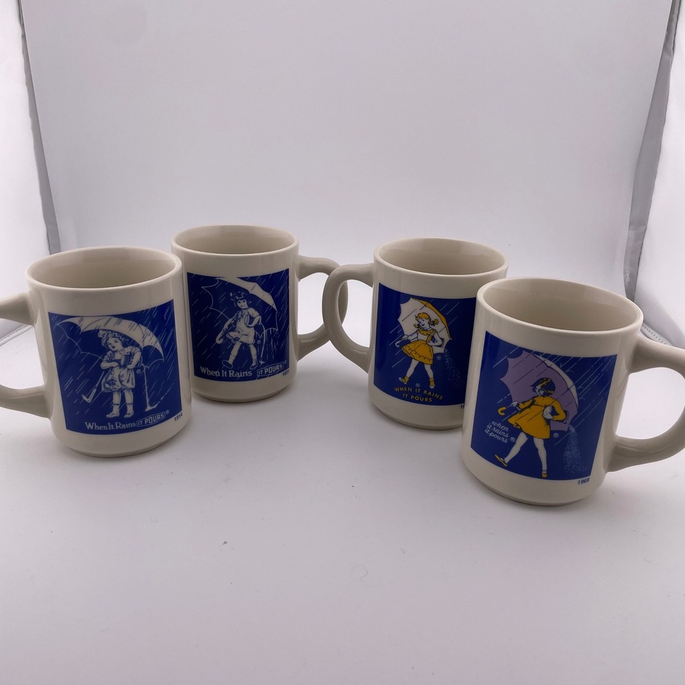 Vintage Morton Salt Girl Coffee Mug Set‎ of 4 When It Rains It Pours 1914-1968